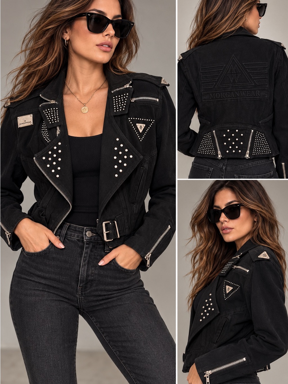 Vintage Morganwear 80s 90s Black Studded Denim Moto Biker Jacket M